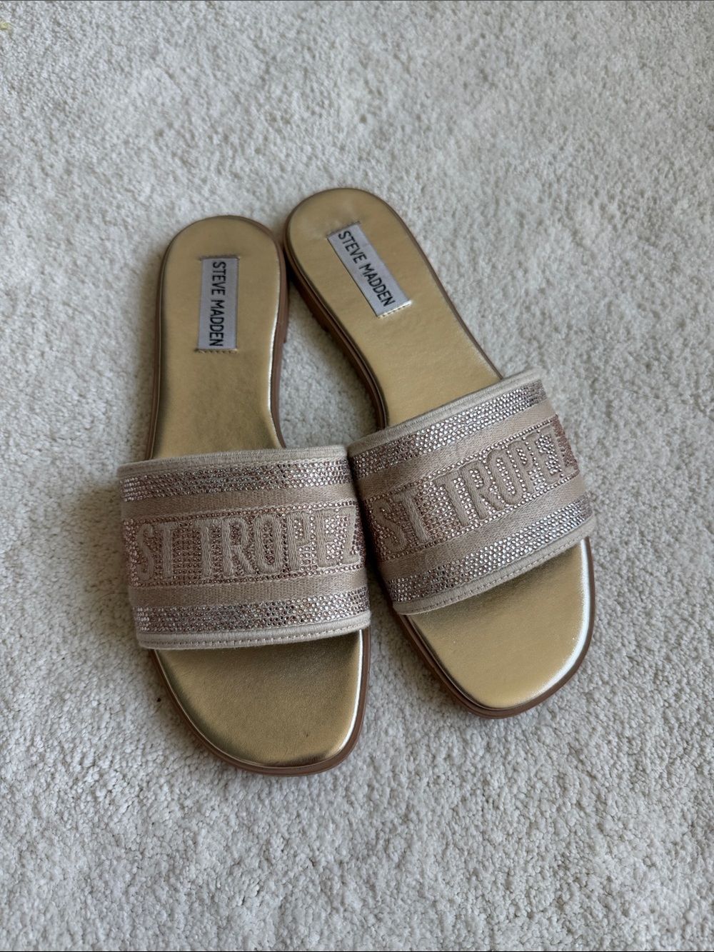Steve Madden Metallic Gold 'St. Tropez' Embroidered Slide Sandals